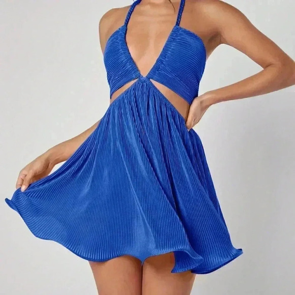Blue Sexy Women's Plisse Cut Out Tie Backless Dress - Picture 7 of 8